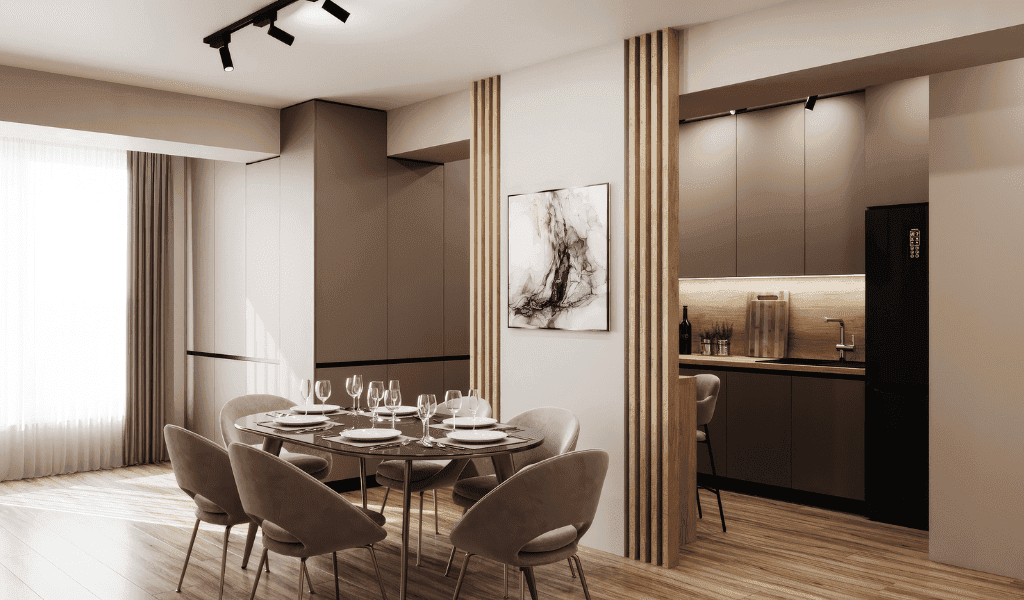 Proiect 3D al unei bucătării la comandă deschise spre zona de dining, realizat de MOBO Kitchens & Home